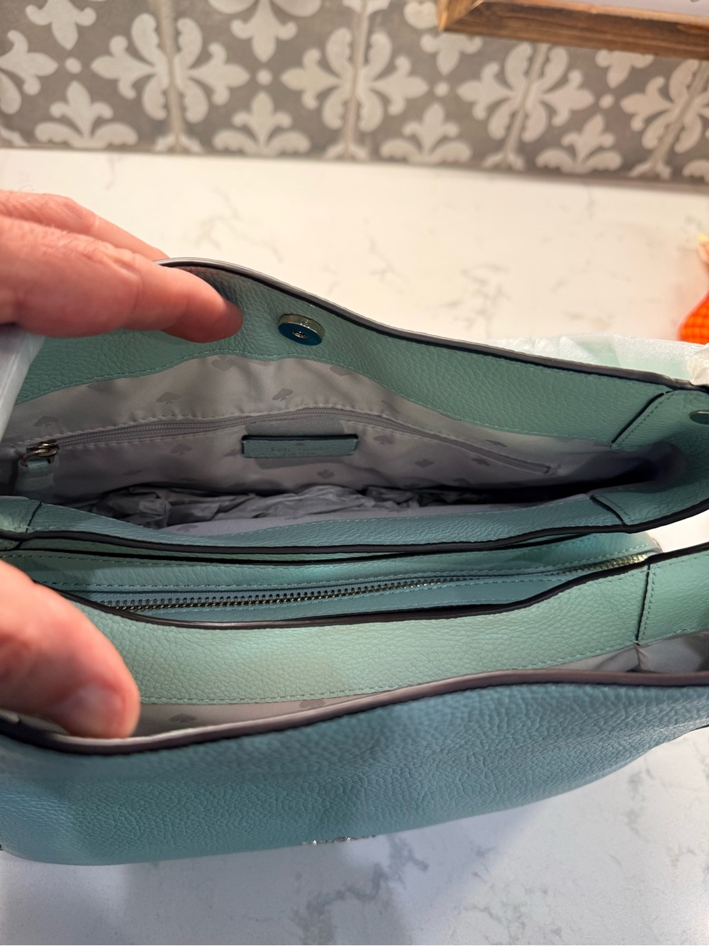 Kate Spade Light Green Pebbled Leather Shoulder Bag with Black Piping - Picture 3 of 10